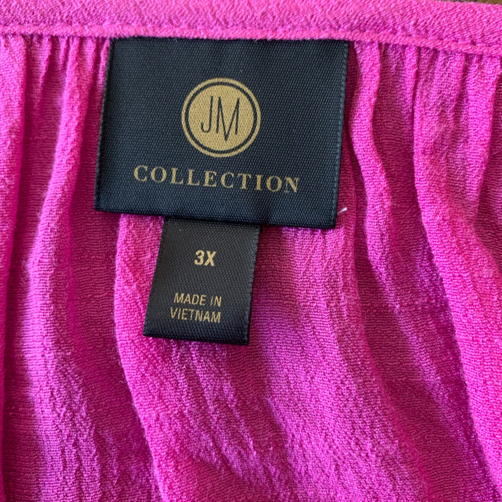 NWOT JM Collection Hot Pink Blouse with Lace Accents Round Neck Elastic Cuff Hem - Picture 3 of 14